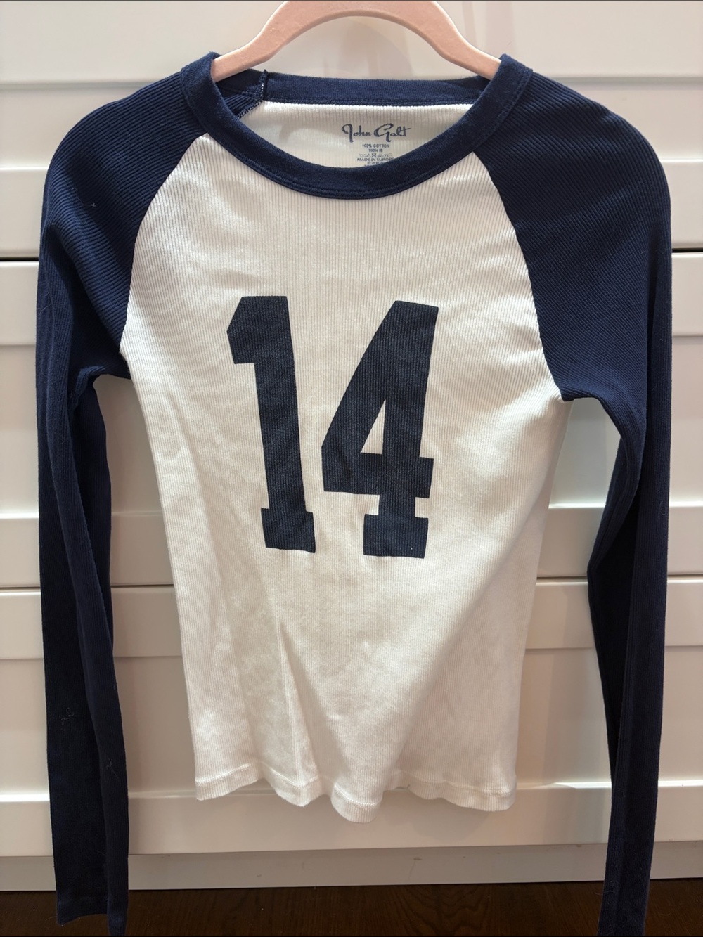 Brandy Melville White & Navy Long-Sleeve Raglan Tee with 14 Graphic